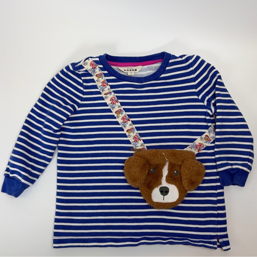 Mini Boden Pocket Appliqué Dog Purse Sweatshirt Striped‎ Sz 5/6